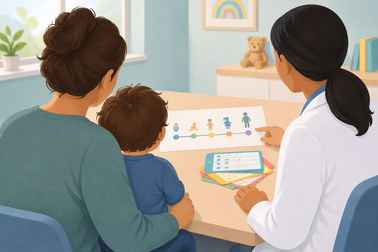 A caregiver and toddler review a blank vaccine timeline with a pediatric clinician, illustrating a stepwise catch-up plan.