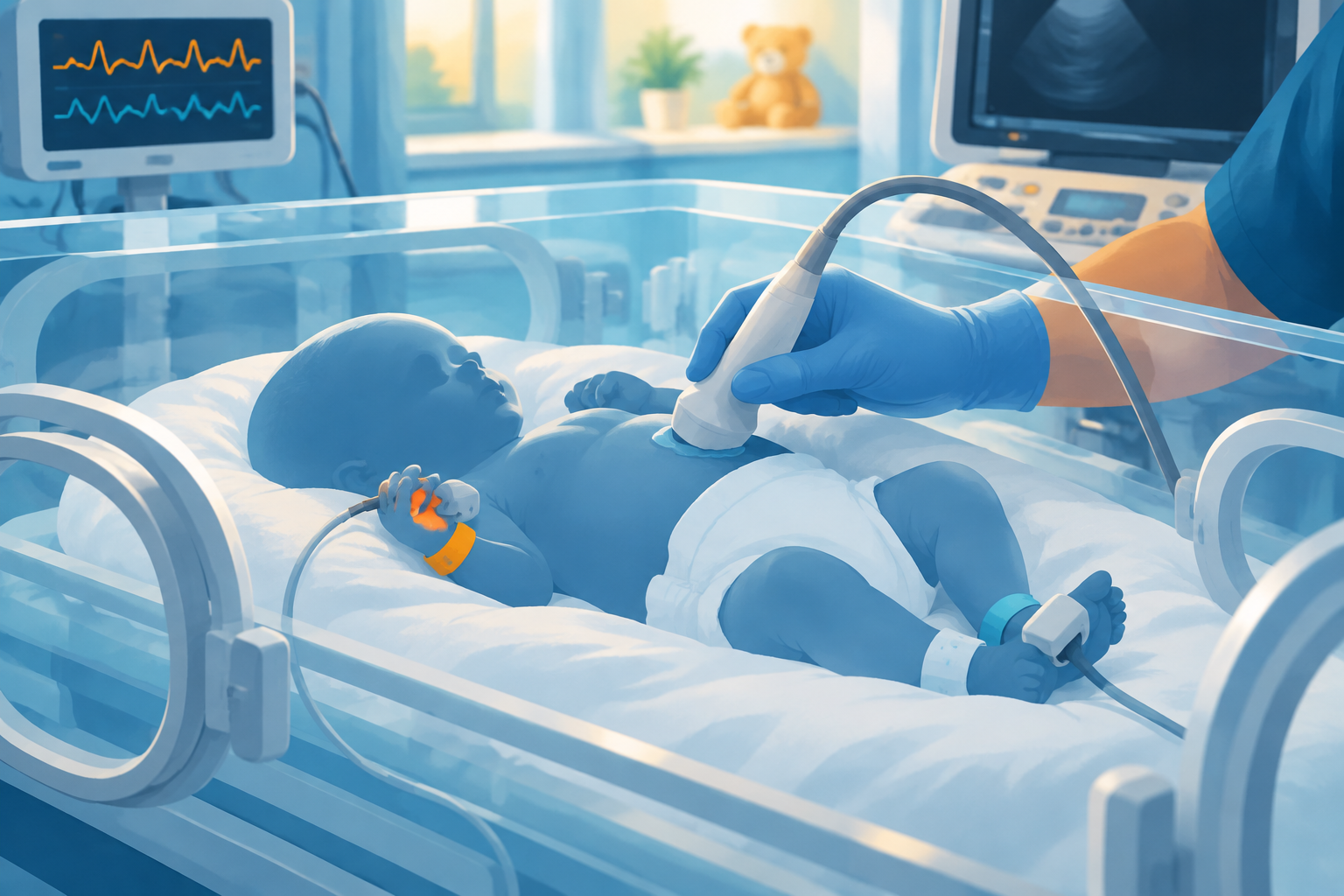 Editorial illustration of a newborn in an incubator with pulse-oximeter sensors on the hand and foot as an echocardiography assessment is prepared.