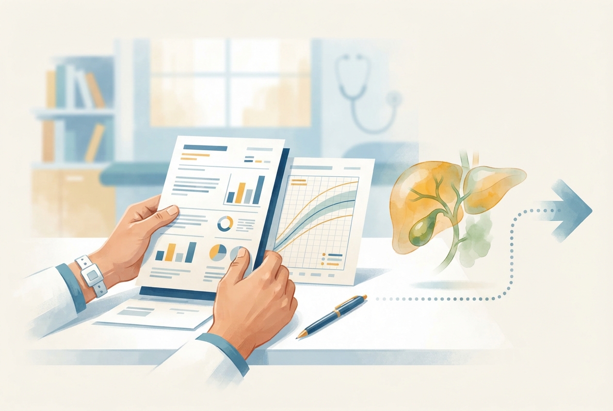 Editorial illustration of a clinician reviewing an infant’s bilirubin results beside a simplified liver and bile-duct diagram.
