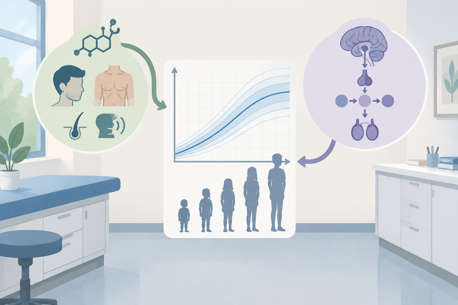 Editorial illustration showing two distinct pathways for androgen-related physical changes and endogenous pubertal progression beside an abstract growth chart.