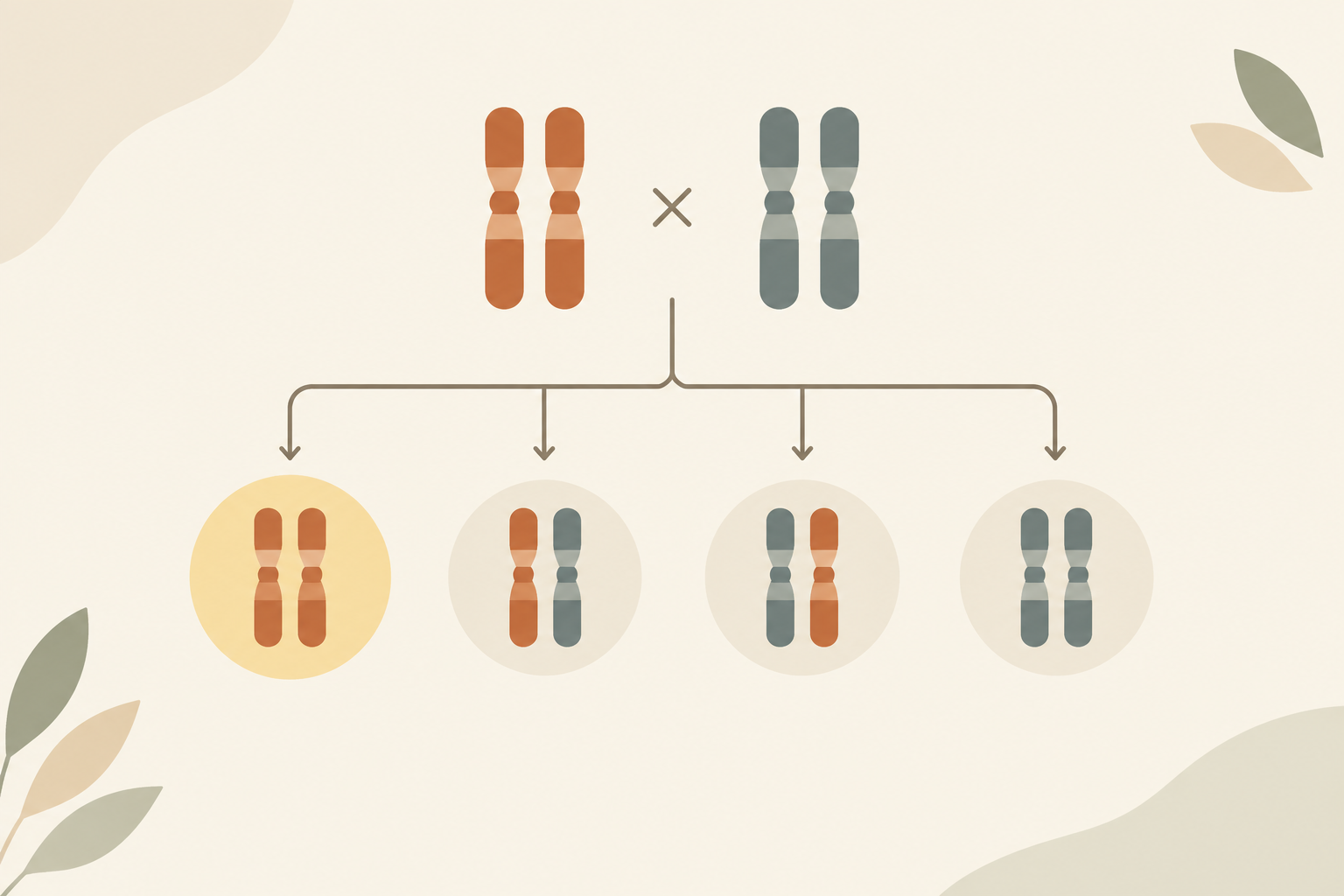 An editorial illustration of two abstract chromosome pairs branching into four equally weighted inheritance paths, with one path highlighted.