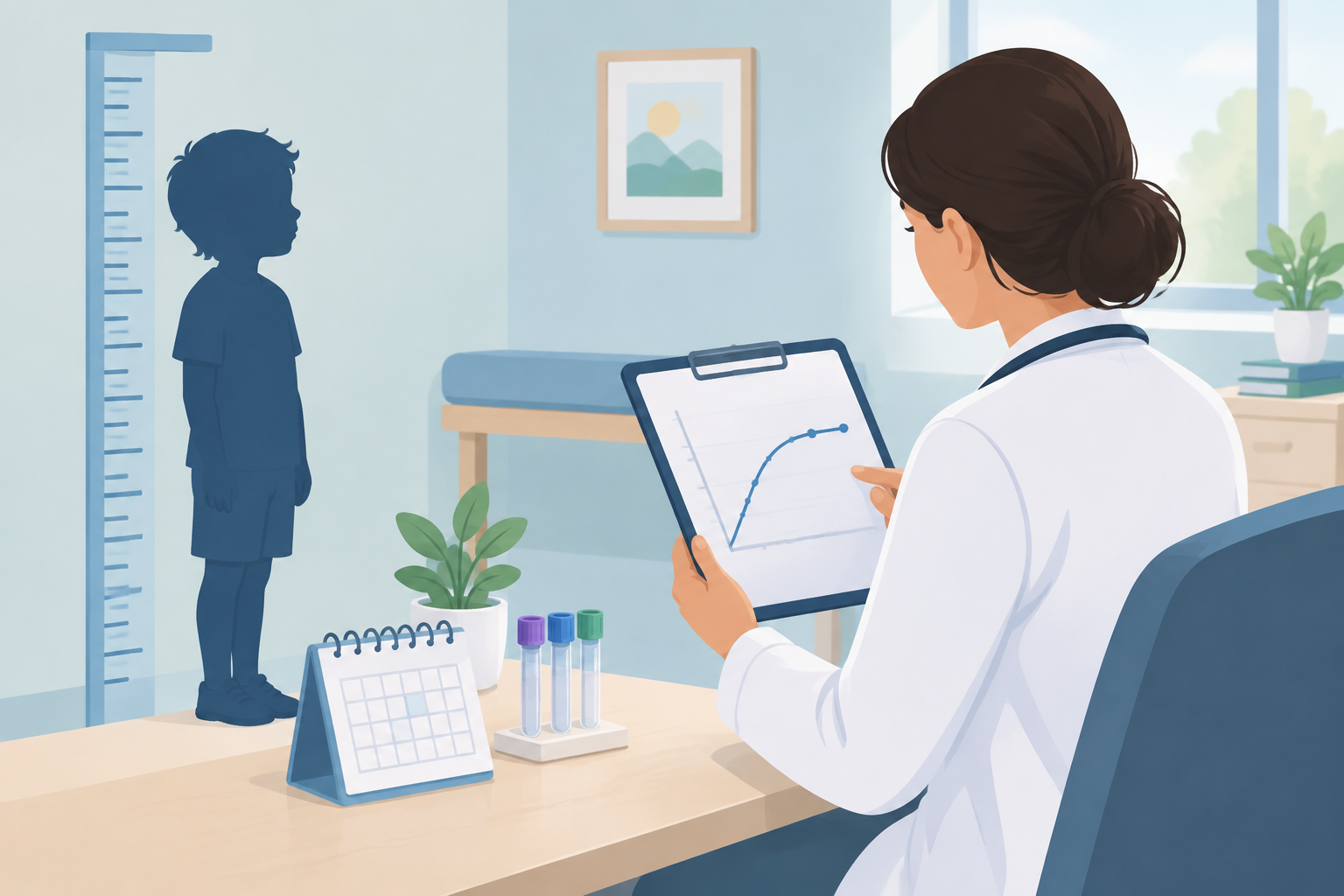 Editorial illustration of a child’s growth being reviewed at a pediatric endocrinology follow-up, with a clipboard and calendar in the foreground.