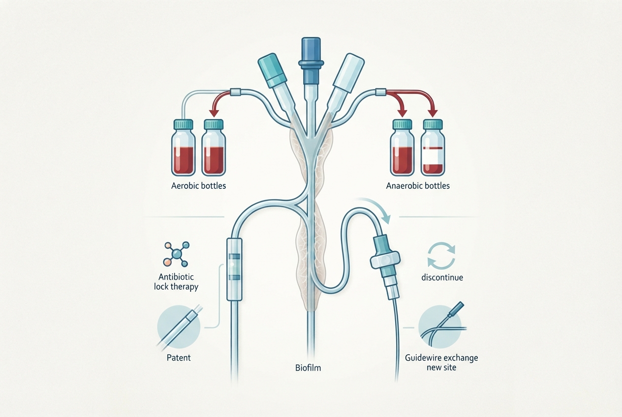 Editorial illustration of a pediatric central line, paired blood culture bottles, and a visual choice between catheter salvage and removal.