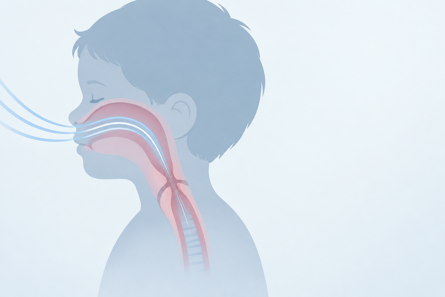 Editorial illustration of a simplified pediatric upper airway with a narrowed laryngeal passage and abstract airflow lines.
