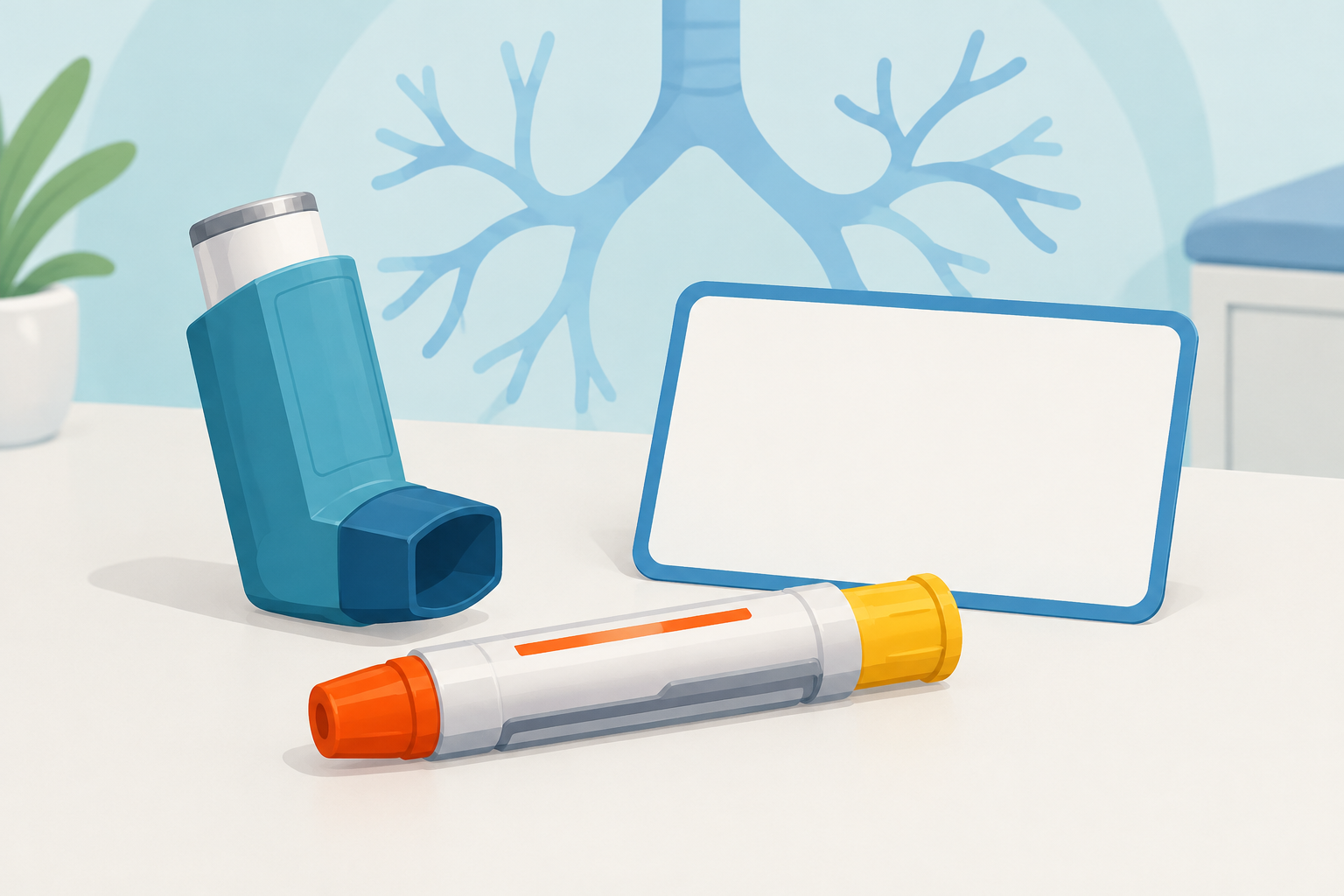 An asthma inhaler and epinephrine auto-injector beside a blank action-plan card, with abstract airway branches in the background.