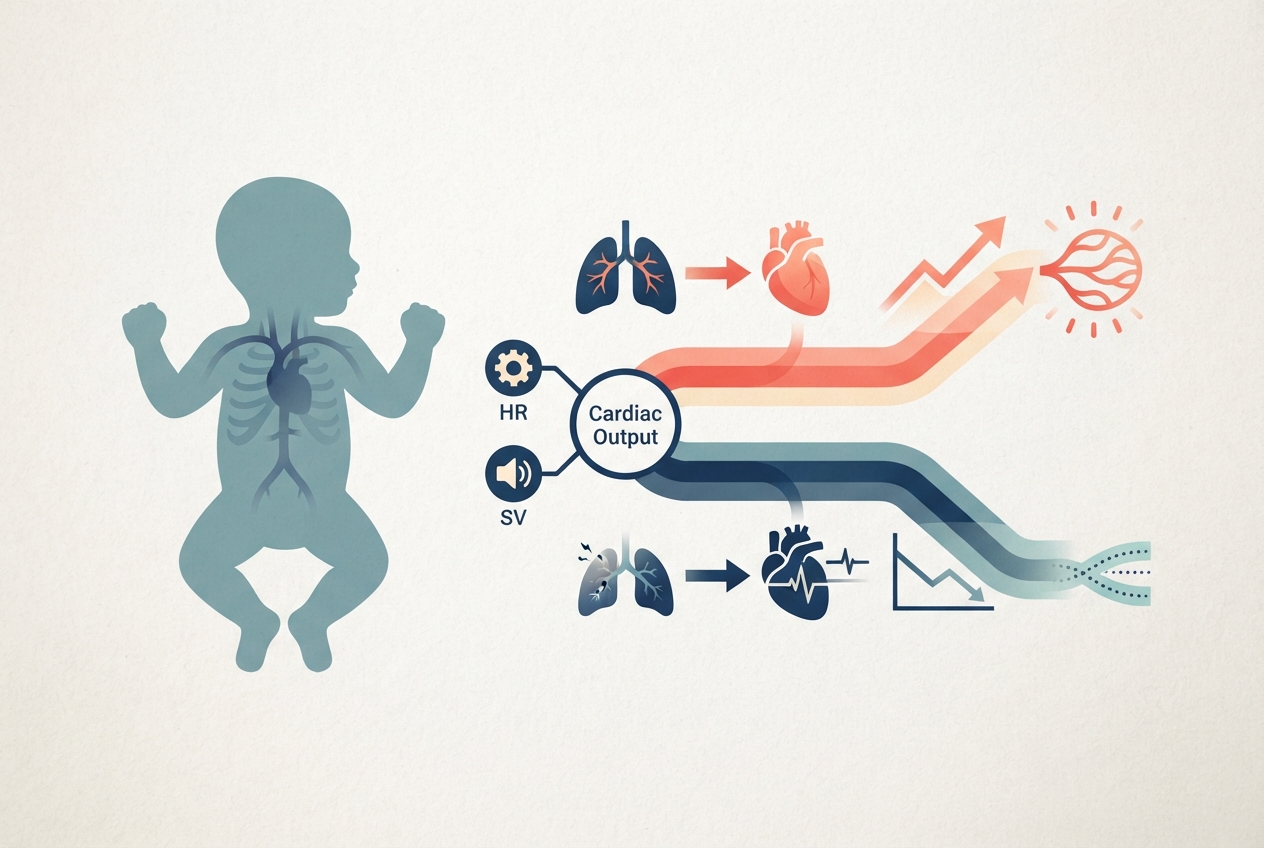 Editorial illustration of infant cardiac output showing the relationship between heart rate, stroke volume, and changing perfusion.