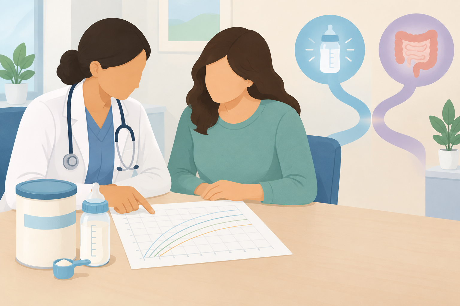 A pediatric clinician and caregiver review an infant growth chart beside formula-preparation supplies, illustrating both feeding support and continued evaluation.