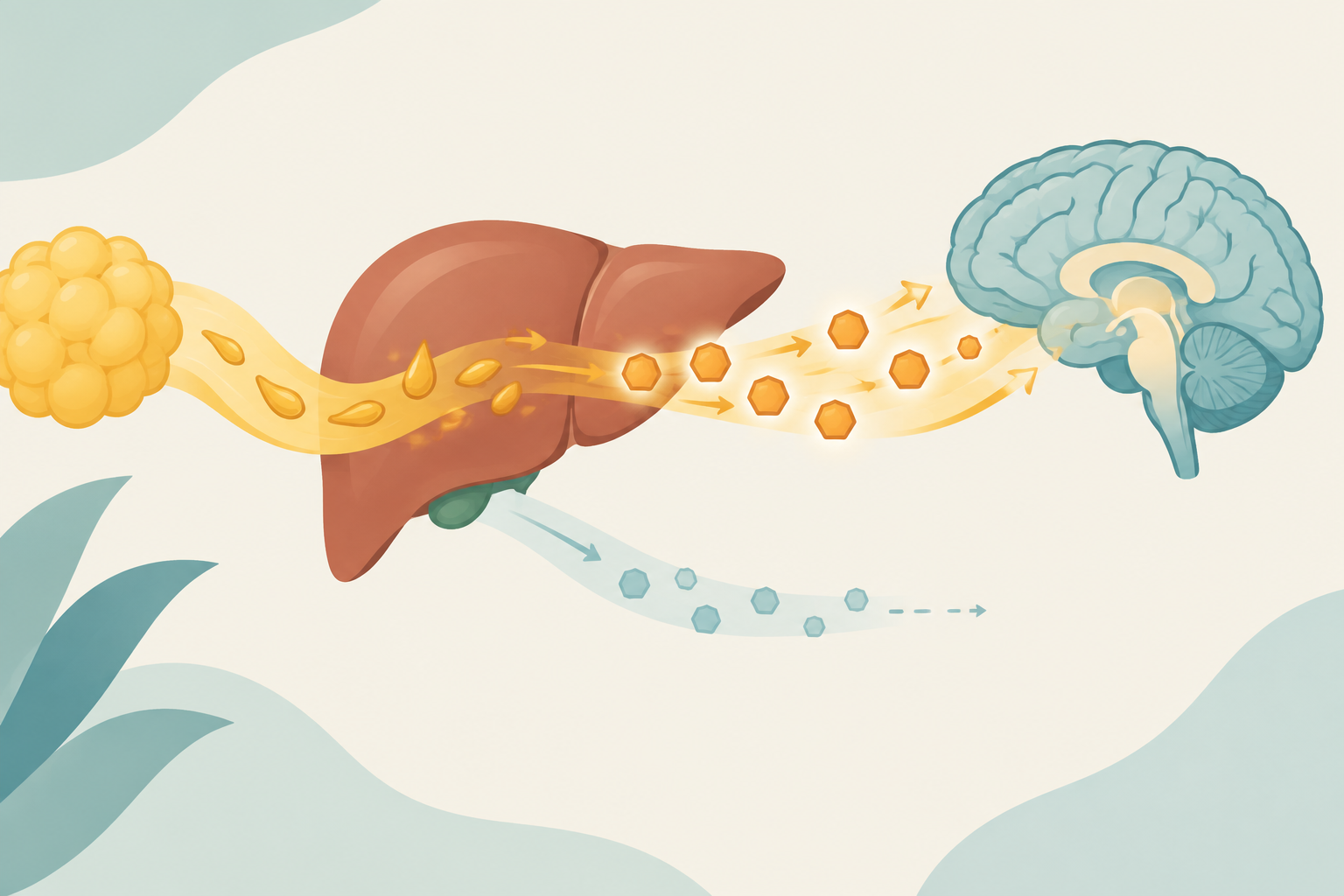 Editorial illustration of a liver producing ketone bodies beside a simplified brain, representing ketotic hypoglycemia and fasting fuel use.