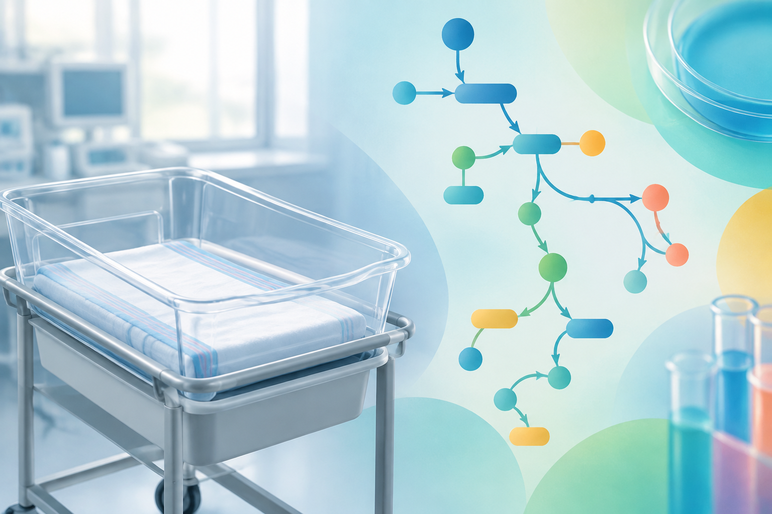An empty neonatal bassinet beside abstract branching pathway shapes, illustrating metabolic evaluation in a critically ill newborn.