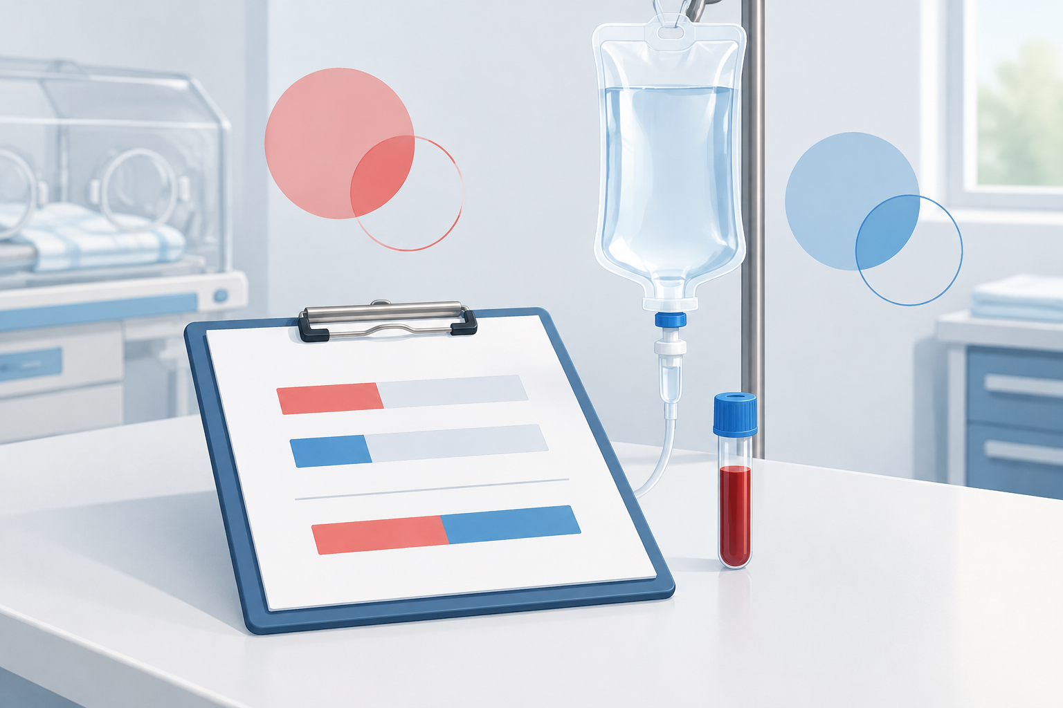 Editorial illustration of a neonatal-care workstation with a blank calculation clipboard, saline bag, and specimen tube, symbolizing partial-exchange volume calculation.