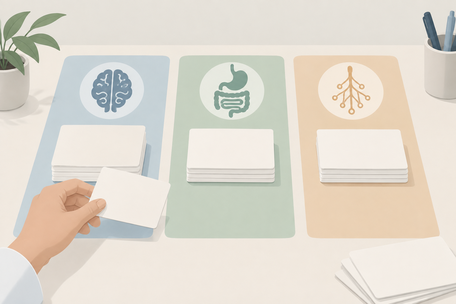 Blank case-note cards arranged beneath three simple icons representing central nervous system, gastrointestinal, and autonomic sign categories.
