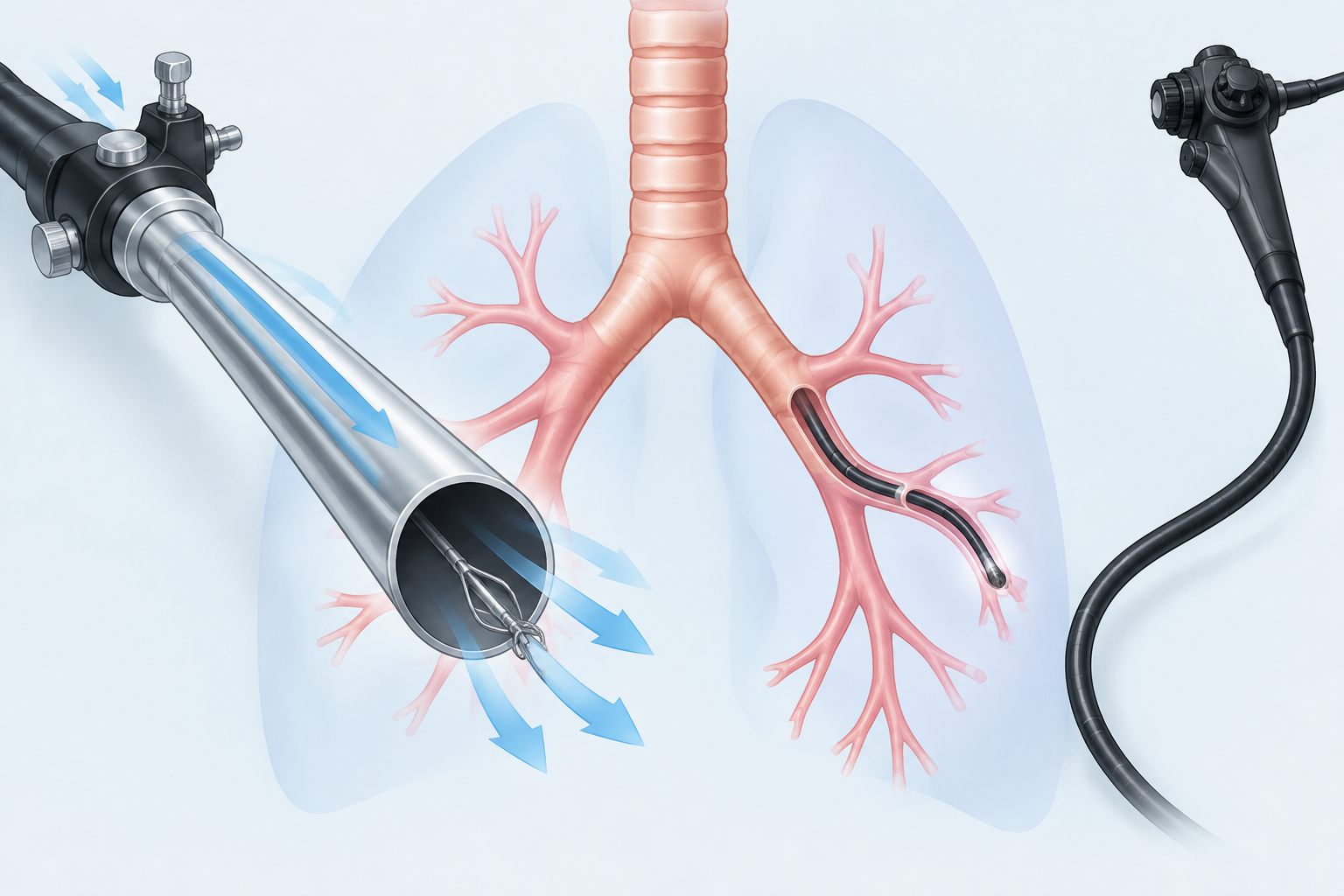 Editorial illustration comparing a rigid hollow bronchoscope with a flexible scope beside a simplified airway model.