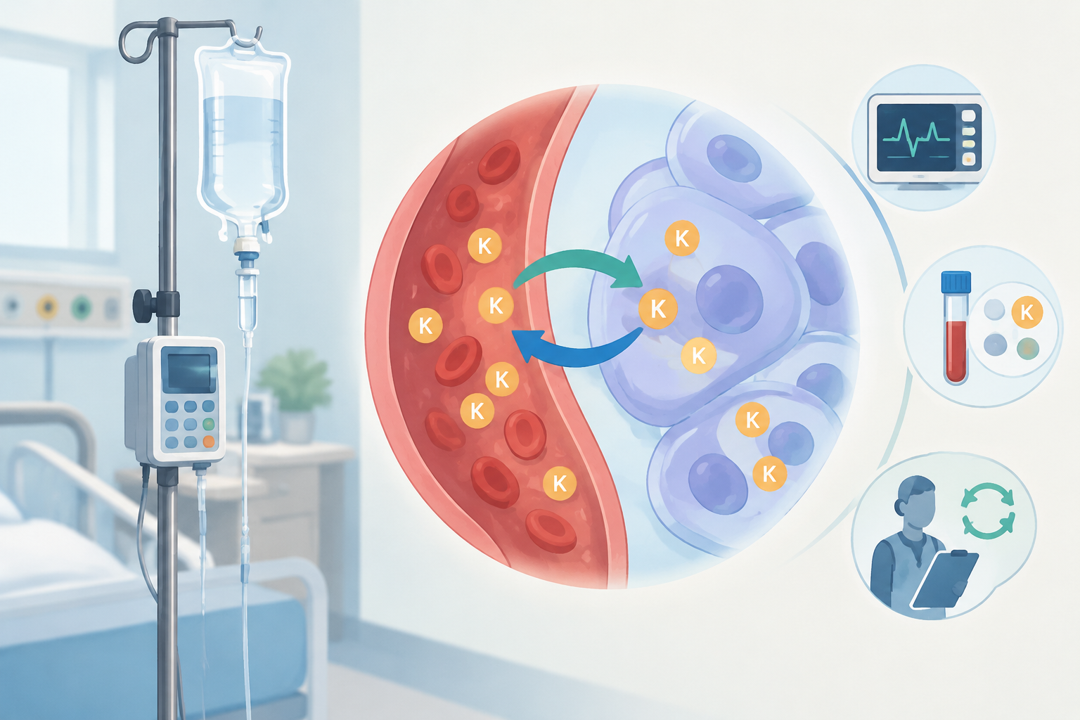 Editorial illustration of an IV fluid bag beside an abstract diagram of potassium shifting between the bloodstream and cells.