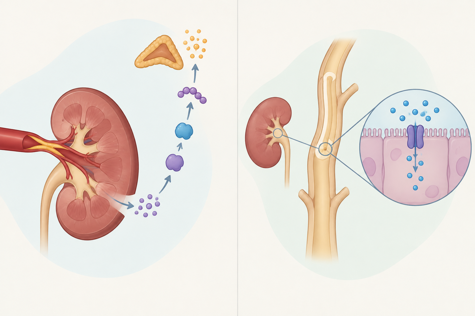 Editorial illustration contrasting reduced renal perfusion with upstream hormone signaling and downstream ENaC-driven sodium retention.