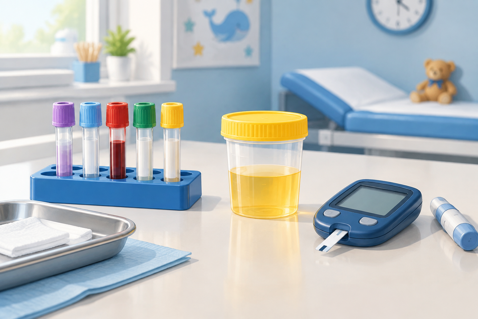 Specimen tubes, a urine cup, and a glucose meter arranged on a clean clinical work surface.