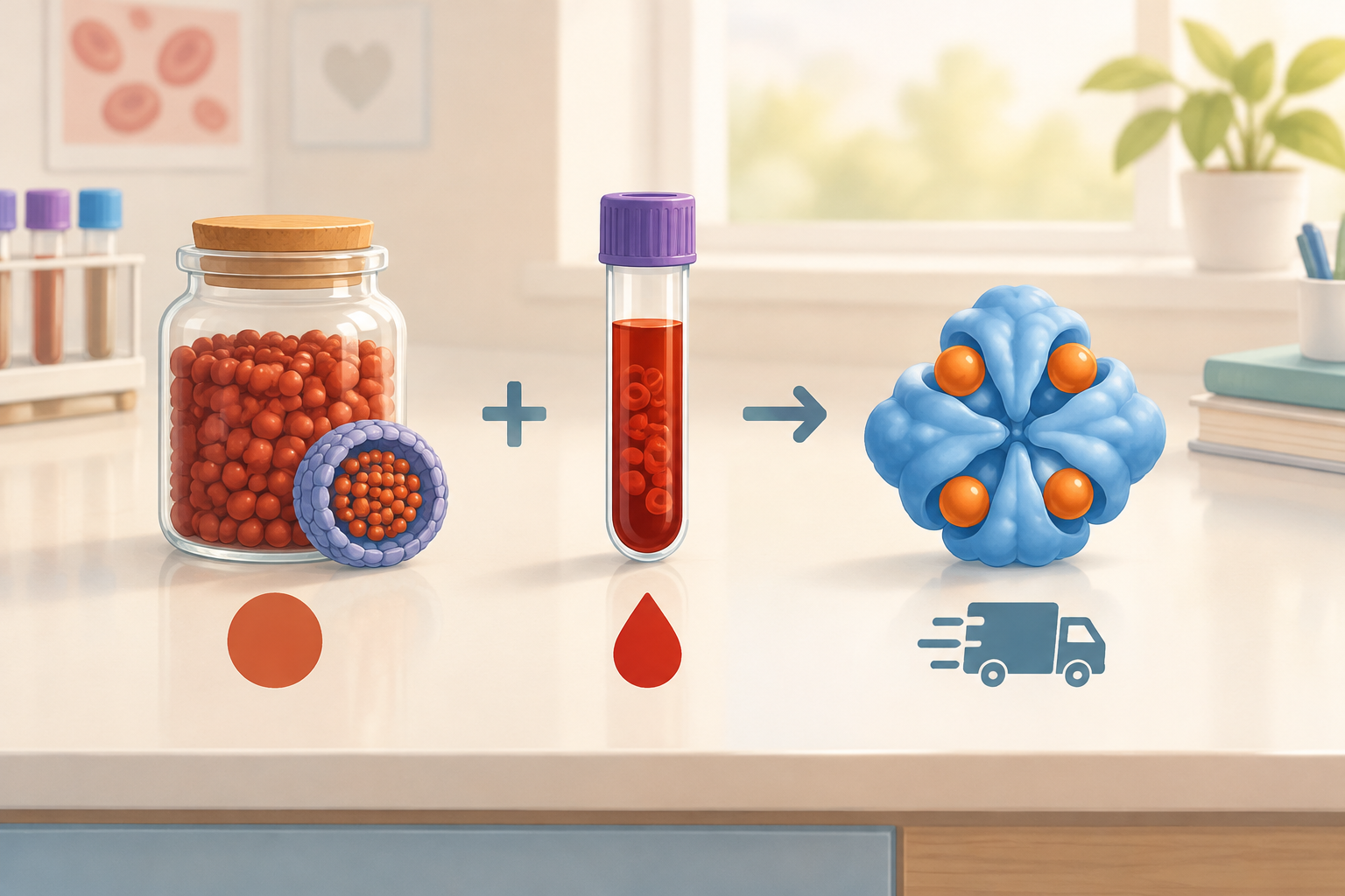 Editorial illustration of three simple lab symbols representing iron stores, circulating iron, and iron transport, with a visual cue that transferrin saturation is calculated from other measurements.