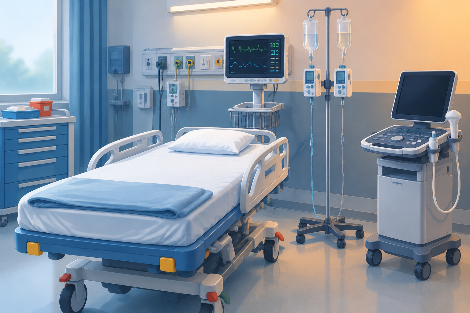 Editorial illustration of an empty pediatric resuscitation bay with a monitor, two unlabeled infusion lines, and an ultrasound probe, in cool and warm tones.