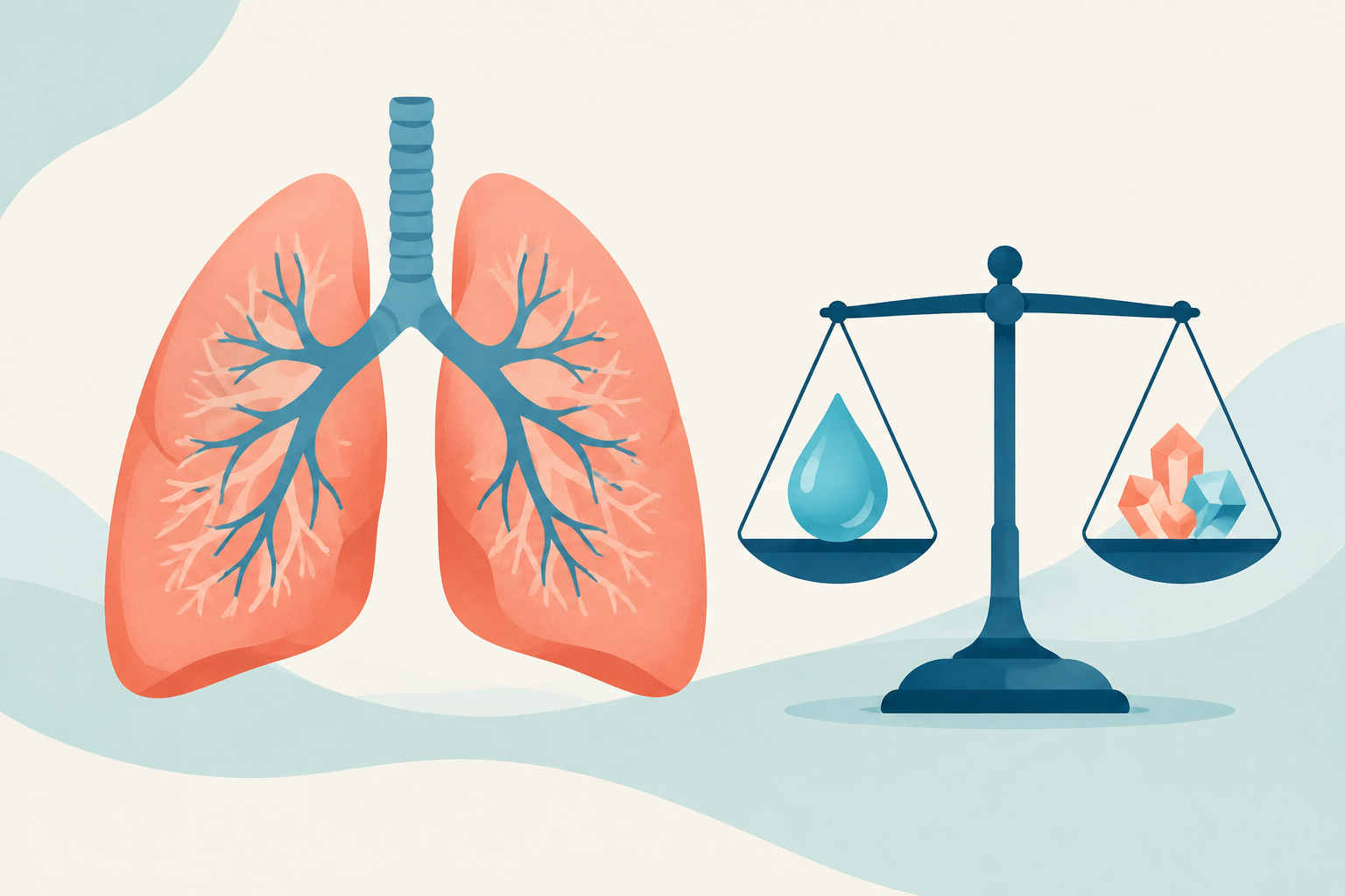 Editorial illustration of stylized lungs beside a balance scale with a water droplet and electrolyte crystal, representing careful fluid management in pediatric severe asthma.