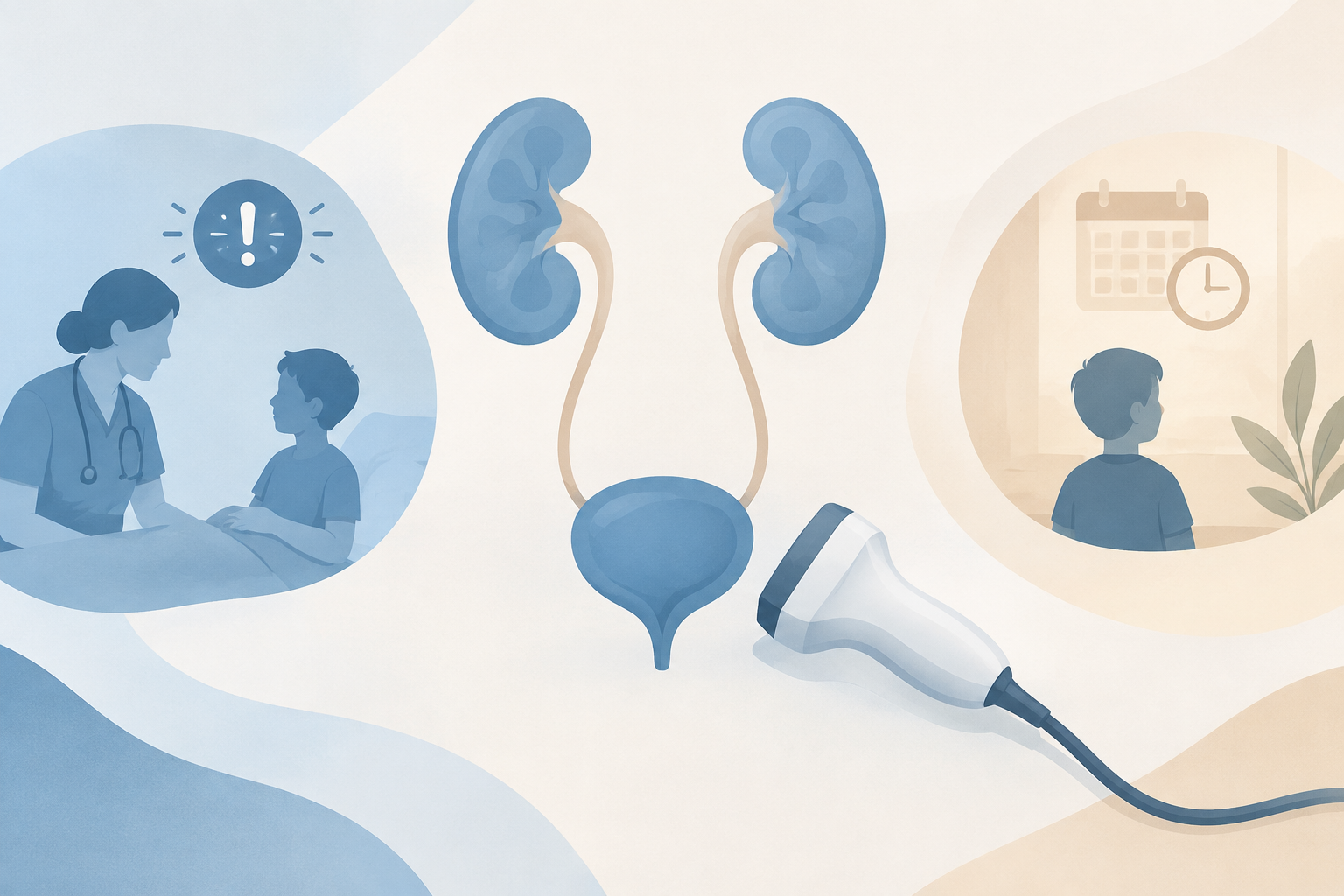 Editorial illustration of an abstract kidney and bladder beside an ultrasound transducer, representing acute imaging decisions after a child’s urinary infection.