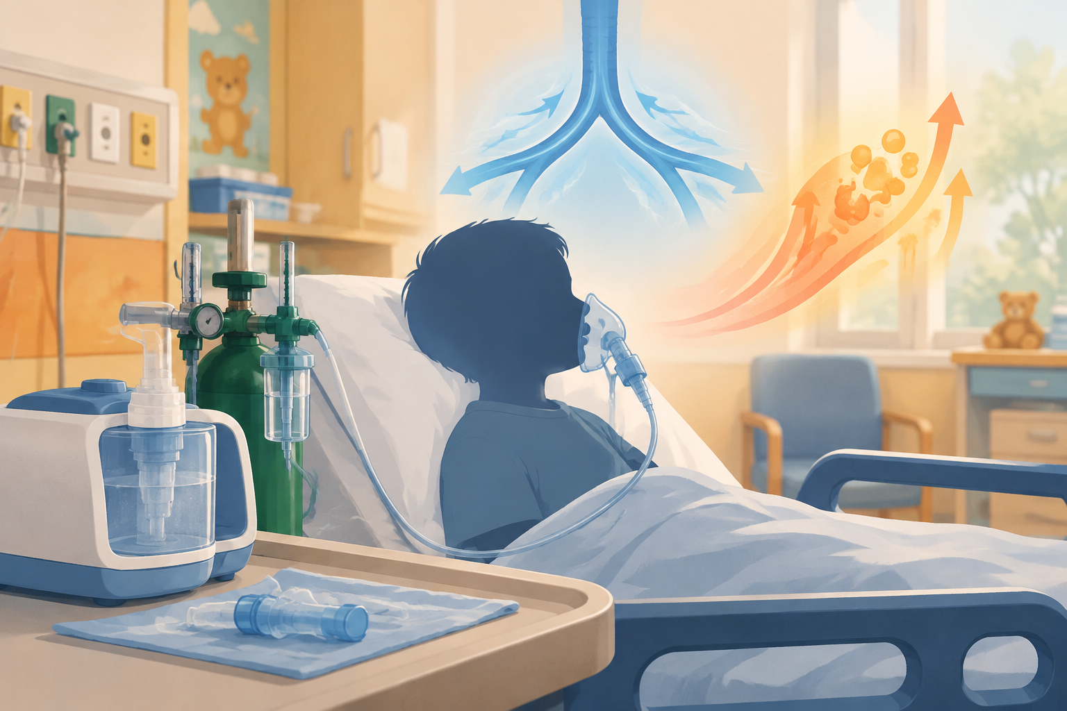 Editorial illustration of pediatric asthma care with a nebulizer and child-sized oxygen equipment, an anonymous patient silhouette, and abstract motifs suggesting improved airflow and rising lactate.