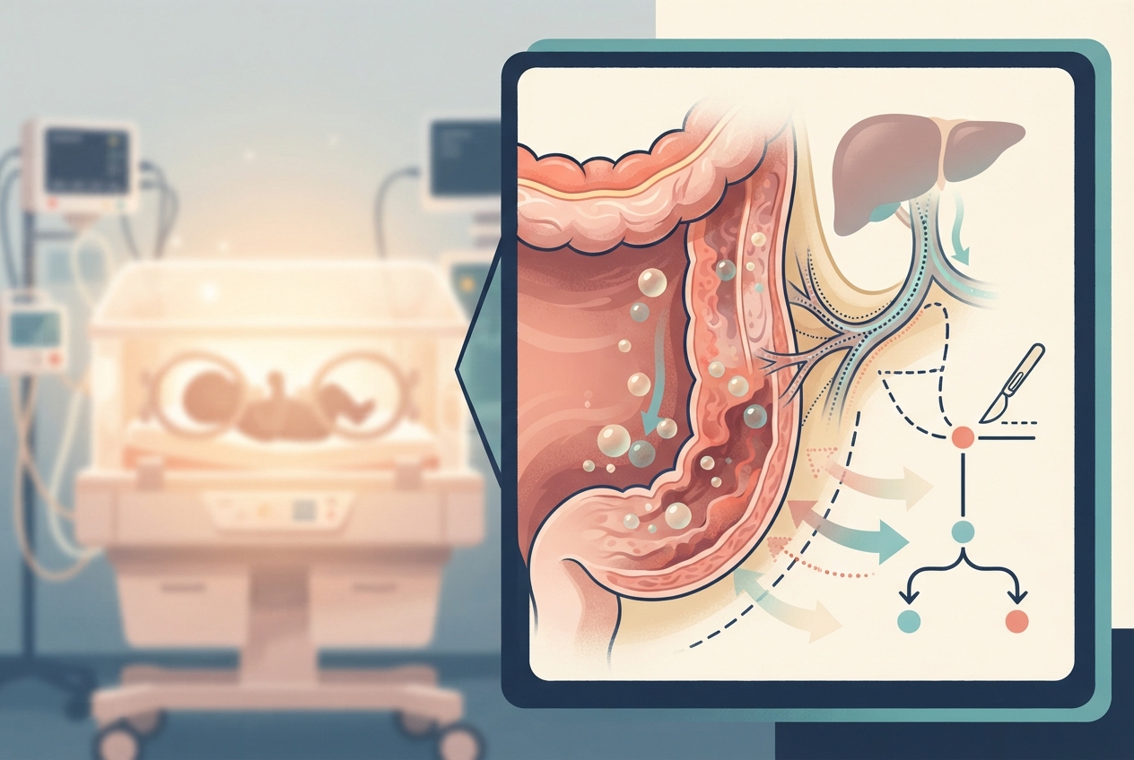 Editorial illustration of a neonatal intensive care setting with an abstract injured bowel wall containing intramural gas bubbles and a subtle portal venous pathway, emphasizing NEC assessment and surgical decision-making.