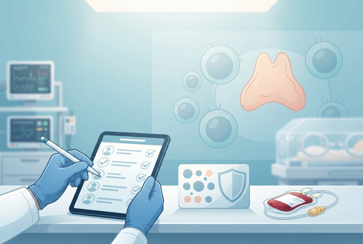 Editorial landscape illustration of a neonatal care workstation with an abstract newborn-screen card, protective shield, blood product container, and immune-cell motifs.