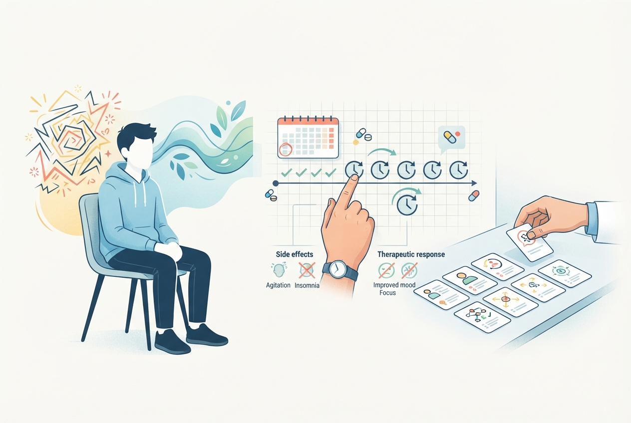 Editorial illustration of a caregiver and clinician reviewing a pediatric SSRI medication timeline while contrasting activation and other behavioral symptoms.