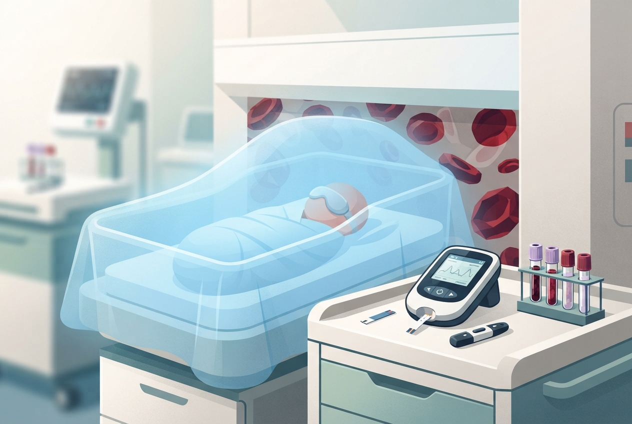 Editorial illustration of a newborn under blue phototherapy with nearby glucose monitoring equipment and abstract red blood cell motifs representing neonatal jaundice and polycythemia.
