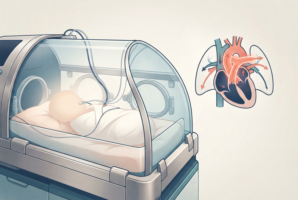 Editorial illustration of a non-identifiable premature infant in an incubator beside an abstract heart-and-lung circulation diagram highlighting the ductal connection.