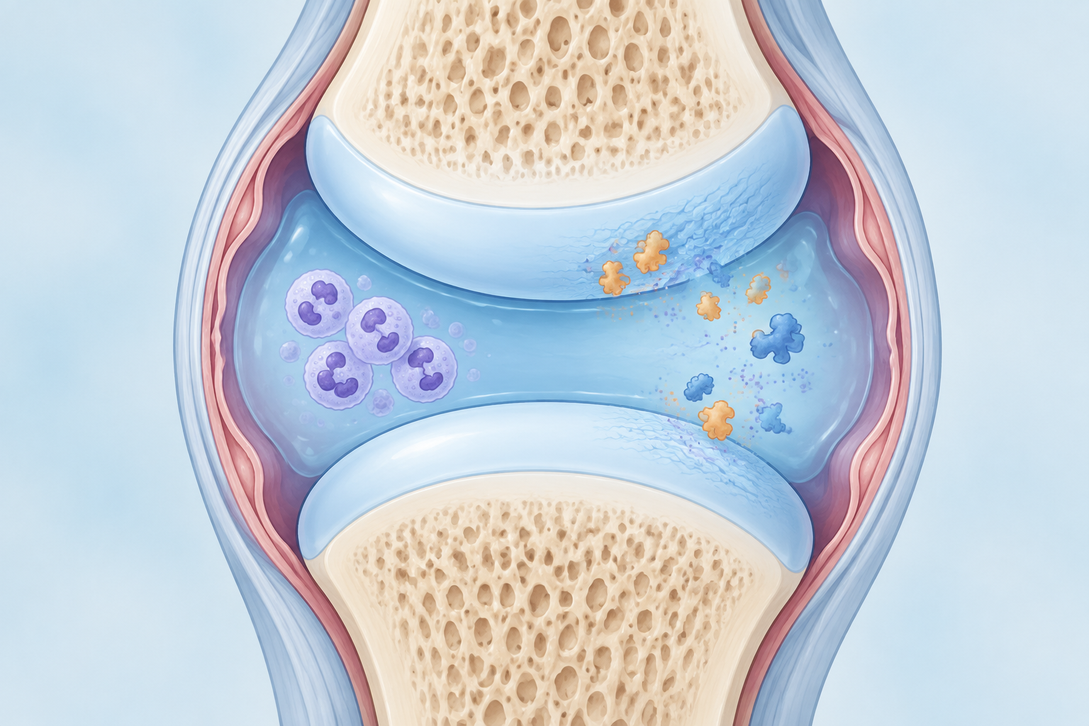 Conceptual illustration of neutrophil-like cells and inflammatory enzyme activity near cartilage inside a pediatric joint.