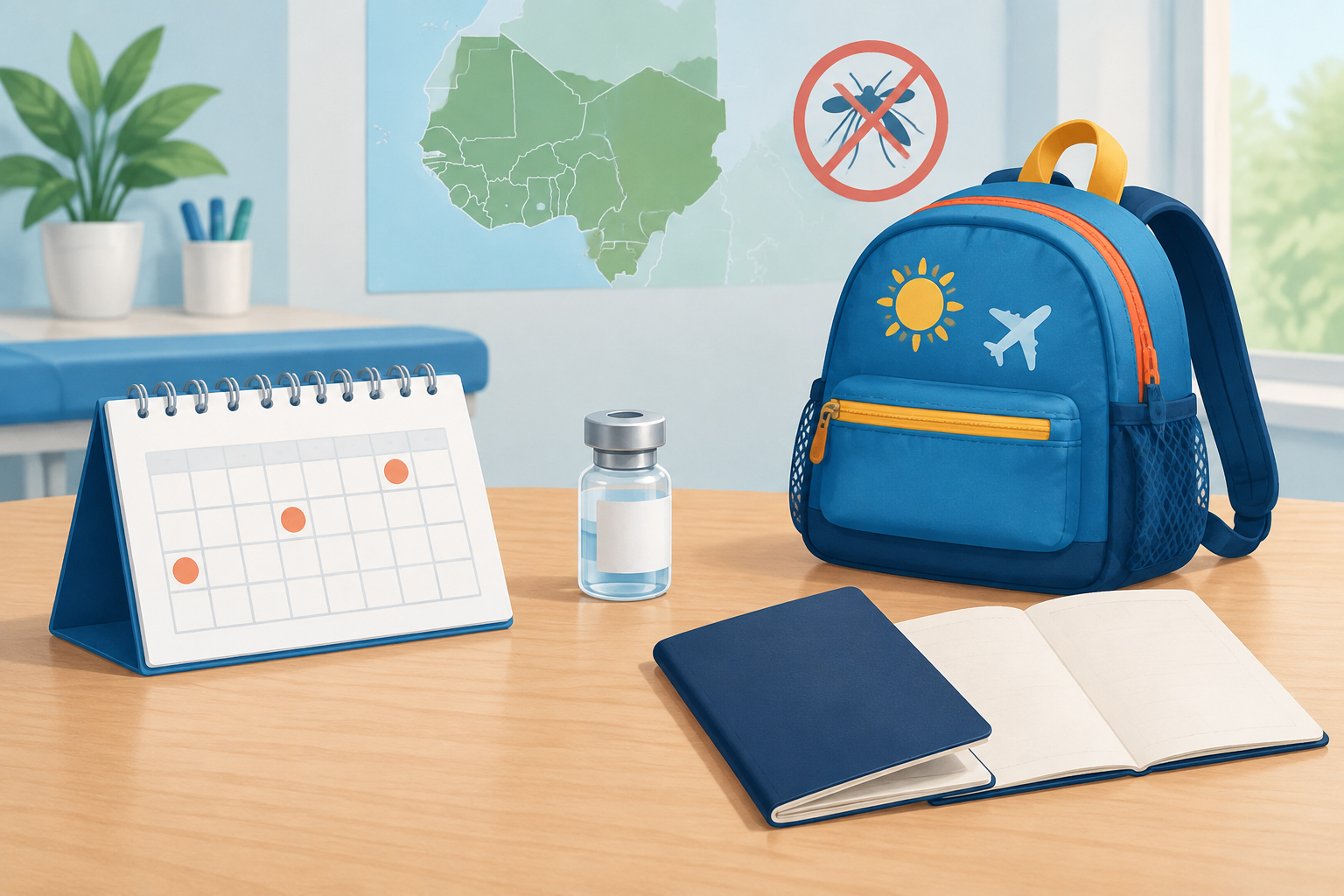 Editorial illustration of a travel-planning desk with a calendar, vaccine vial, child-sized backpack, blank passport, and outline map of West Africa.